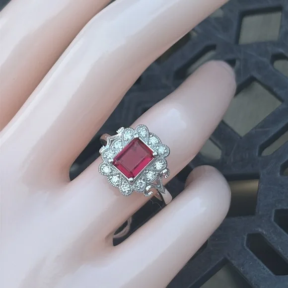 Emerald Cut 1.75 tcw Genuine Ruby & Diamond Ring Sterling Silver Size 7 - Picture 4 of 13